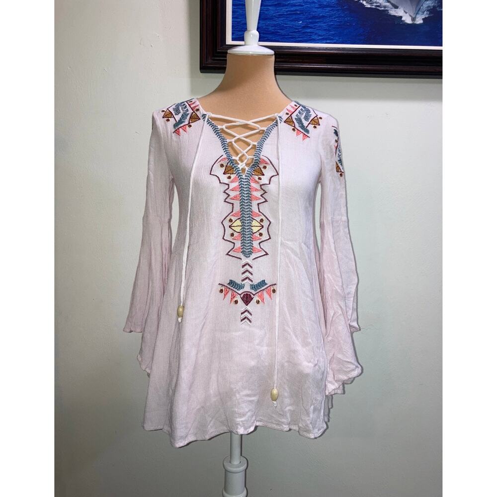 Lulus Embroidered boho flare-sleeved mini dress